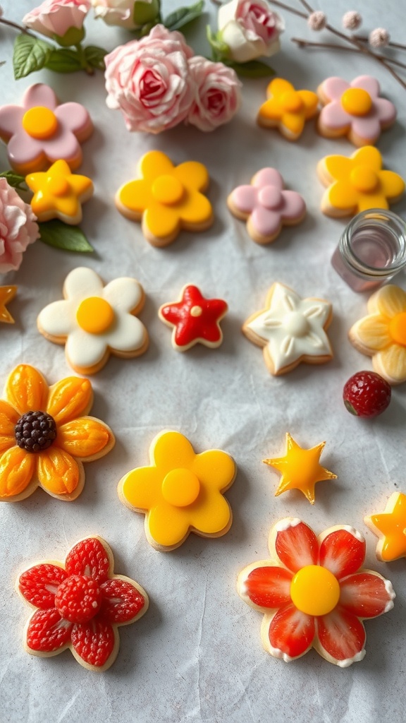 Colorful flower-shaped cookies decorated with icing, surrounded by artificial flowers.