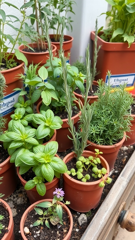 A variety of herbs in pots, including basil, rosemary, and thyme, arranged for easy access.