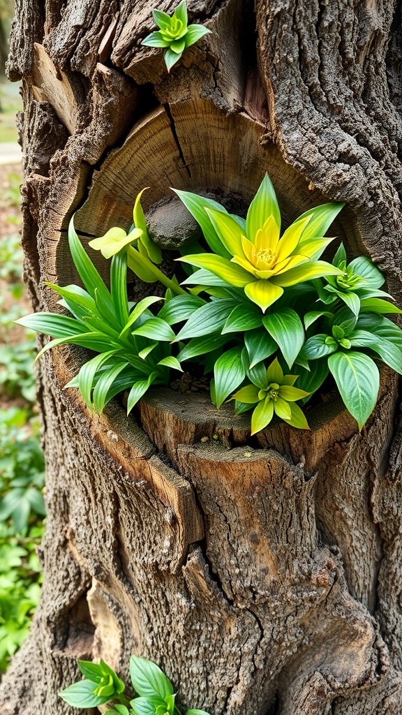 A tree stump planter filled with vibrant green plants, showcasing a layered planting scheme.