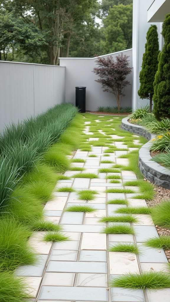 A landscaped pathway featuring pavers and grass along the side of a house.