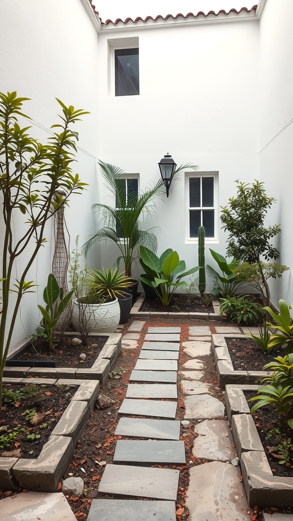 A small courtyard garden with stone pathways and various plants.