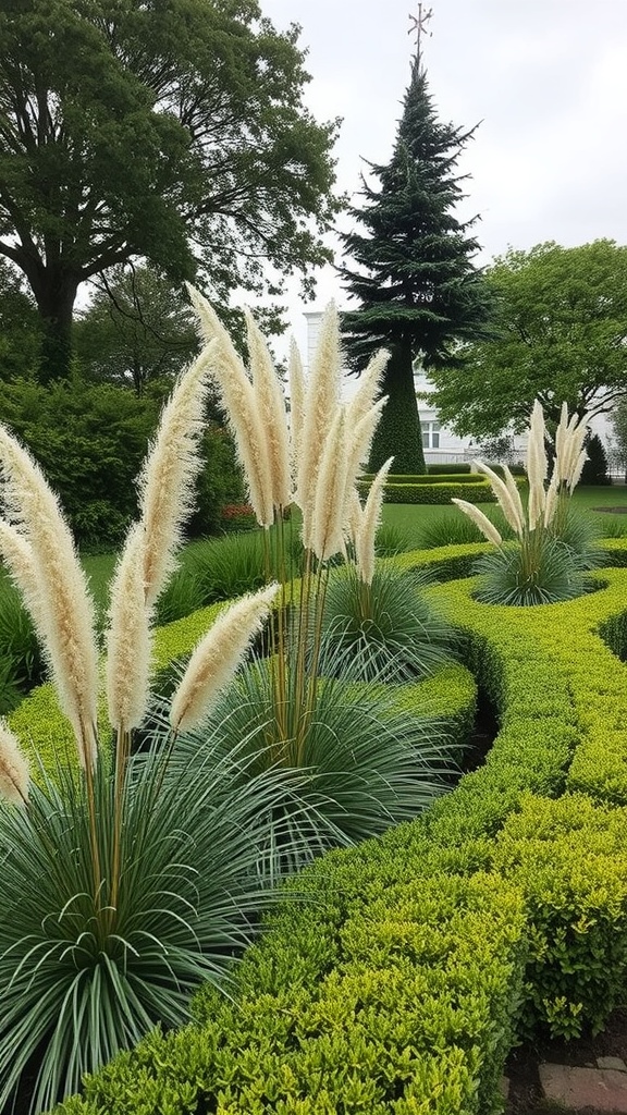 A landscaped garden featuring ornamental grasses and neatly trimmed hedges.