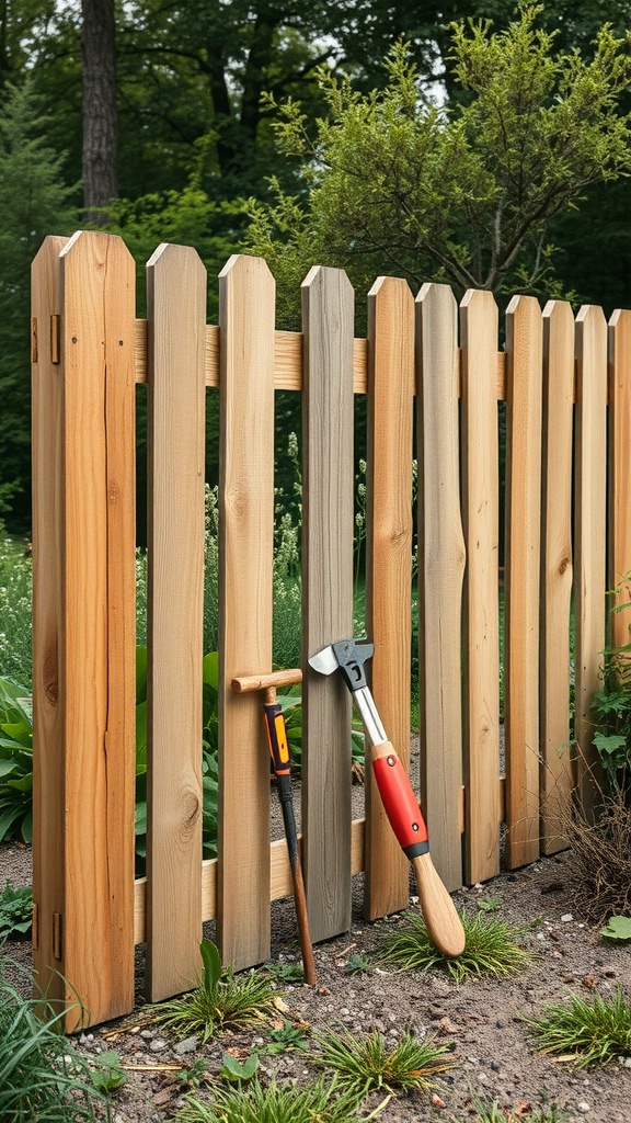 A rustic wooden garden fence with tools leaning against it.