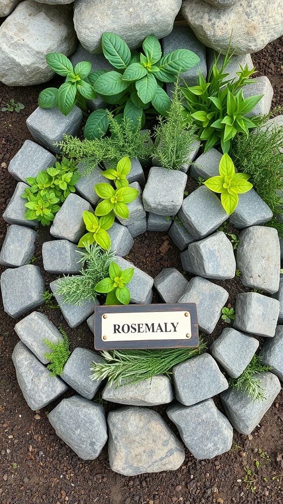 A DIY herb spiral made of stone blocks with various herbs and a sign labeled 'ROSEMARY'.