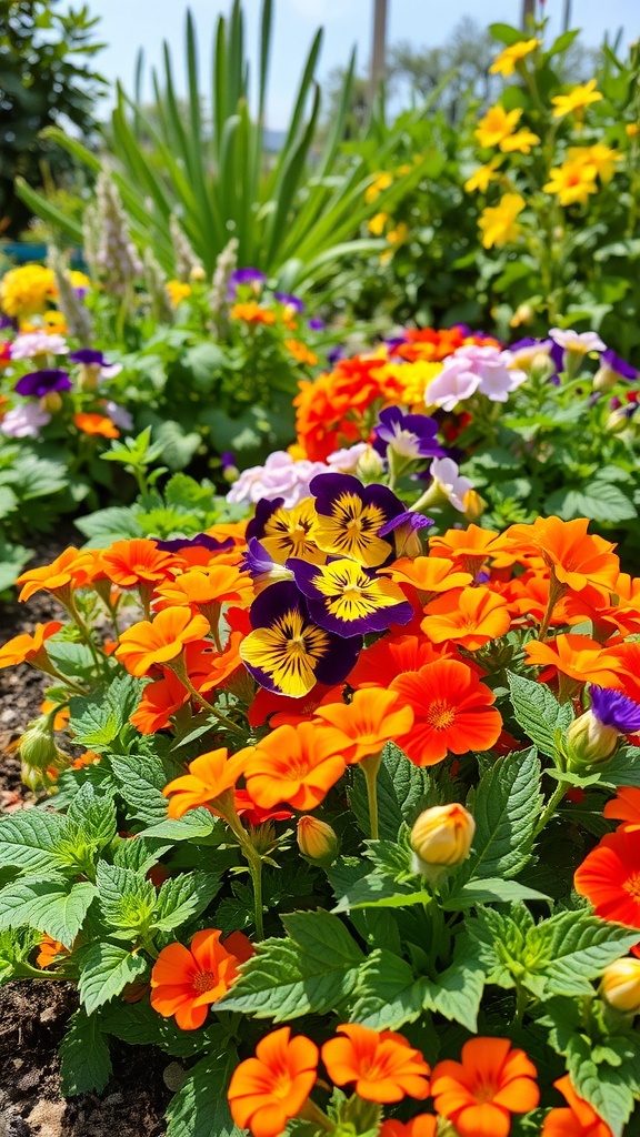 A colorful garden bed filled with edible flowers like pansies and nasturtiums.