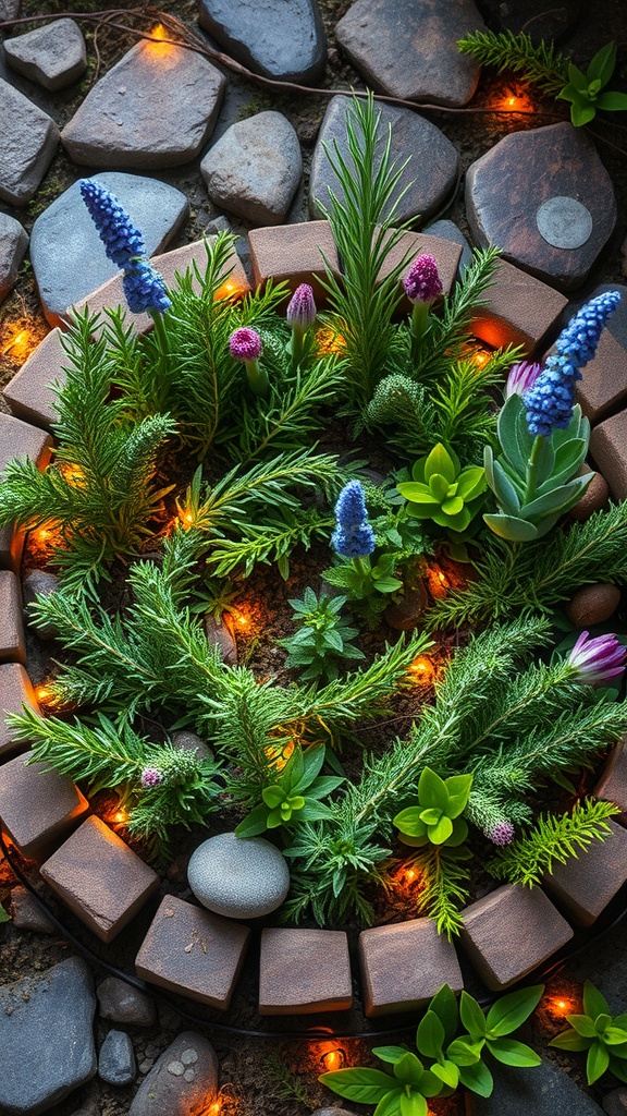 A beautifully arranged herb spiral with stones, bricks, and vibrant greenery, illuminated by twinkling lights.