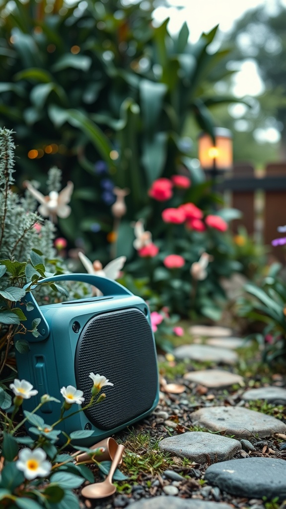 A teal speaker placed among colorful flowers in a fairy garden setting.