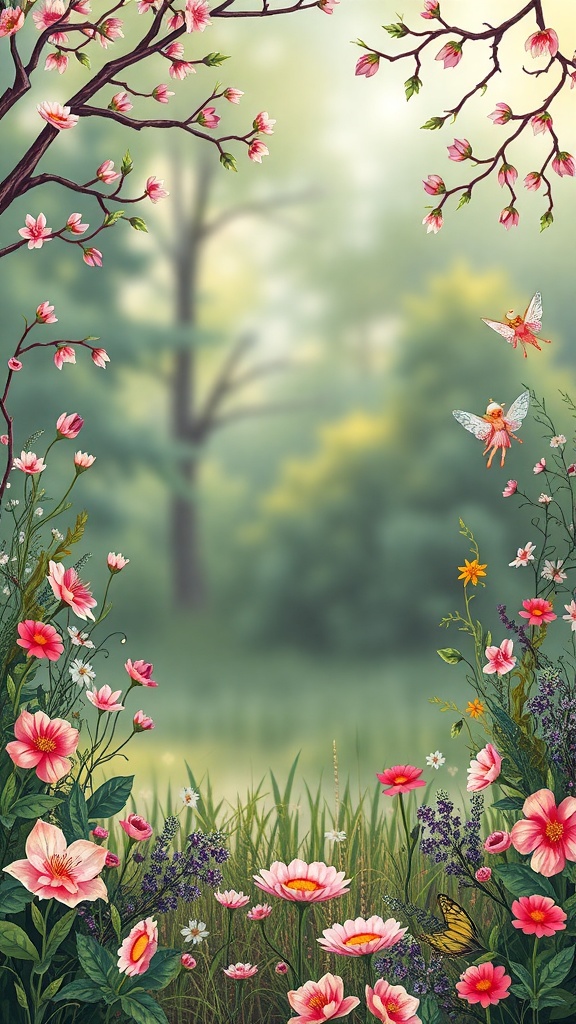 A whimsical illustration of a fairy garden with flowers and fairies.