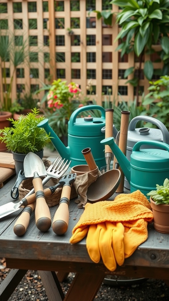 A collection of gardening tools including watering cans, gloves, and hand tools on a wooden table in a backyard garden.