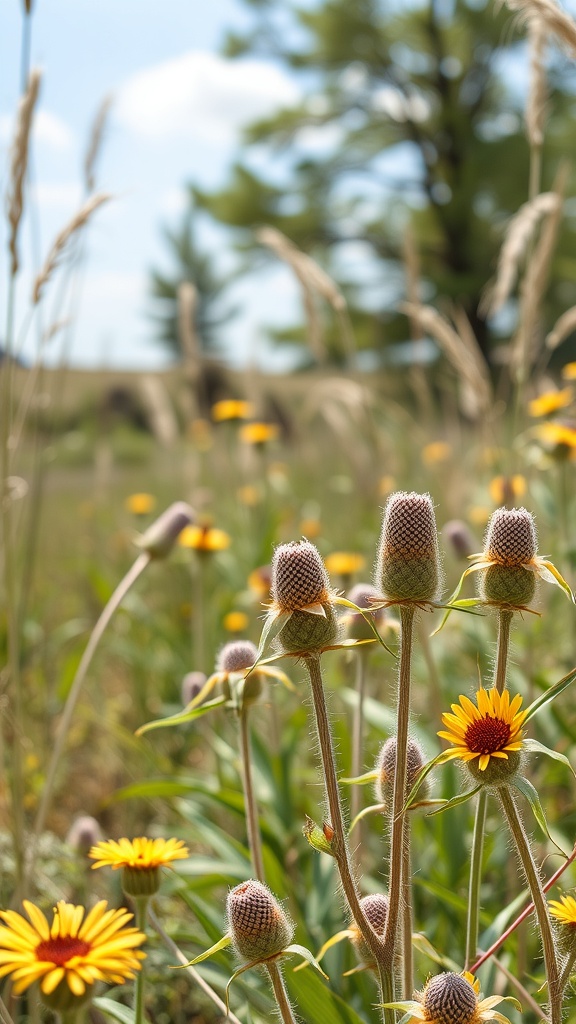 A field of milkweed plants with fuzzy pods and bright yellow flowers under a blue sky.
