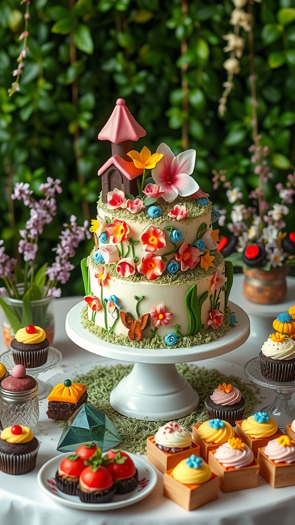 A beautifully decorated fairy garden themed cake surrounded by colorful desserts and cupcakes.