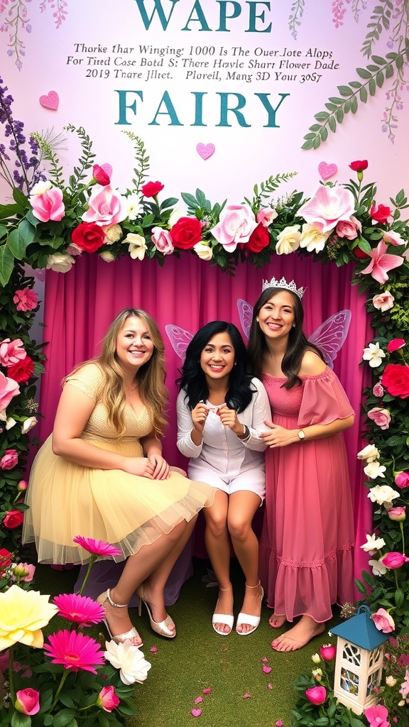 Three friends posing in a fairy garden themed photo booth with flowers and a colorful backdrop.