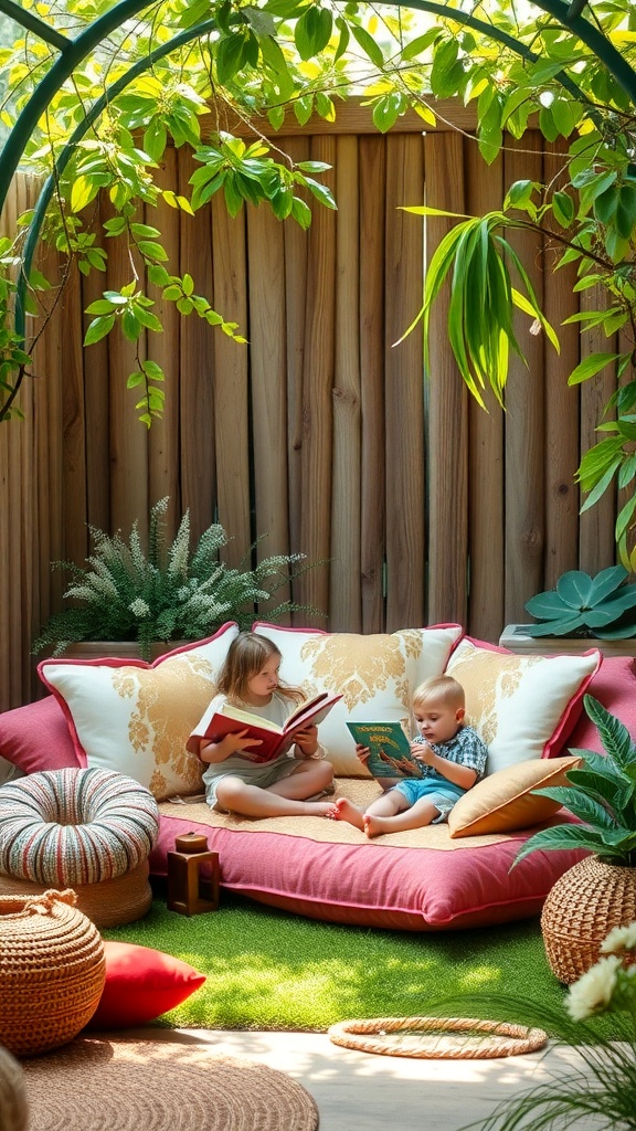 Children reading books in a cozy fairy garden storytime corner with cushions and greenery.