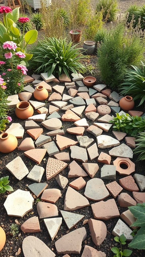A garden path made of broken pottery pieces surrounded by green plants and flowers.
