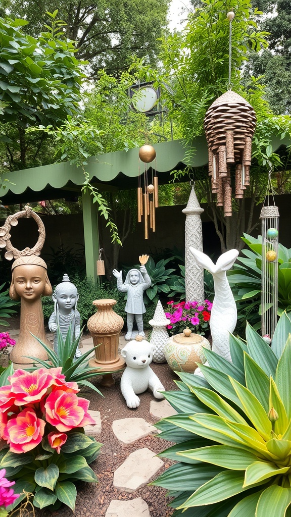 A vibrant garden featuring various sculptures, colorful flowers, and decorative hanging elements.