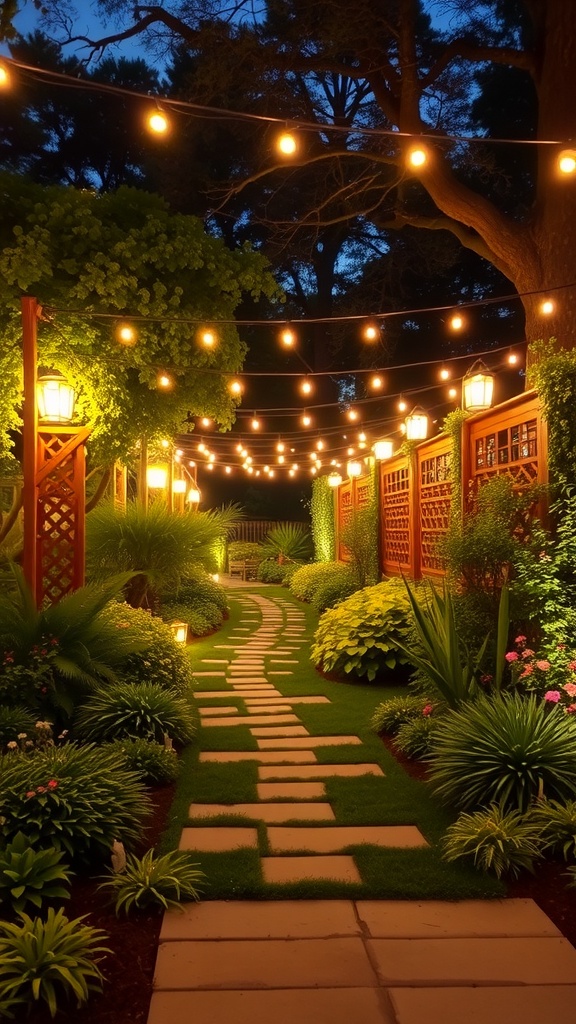 A beautifully lit garden path with string lights and lanterns, surrounded by lush greenery.