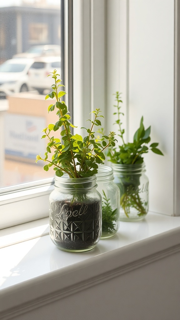 Glass jars with herbs on a windowsill