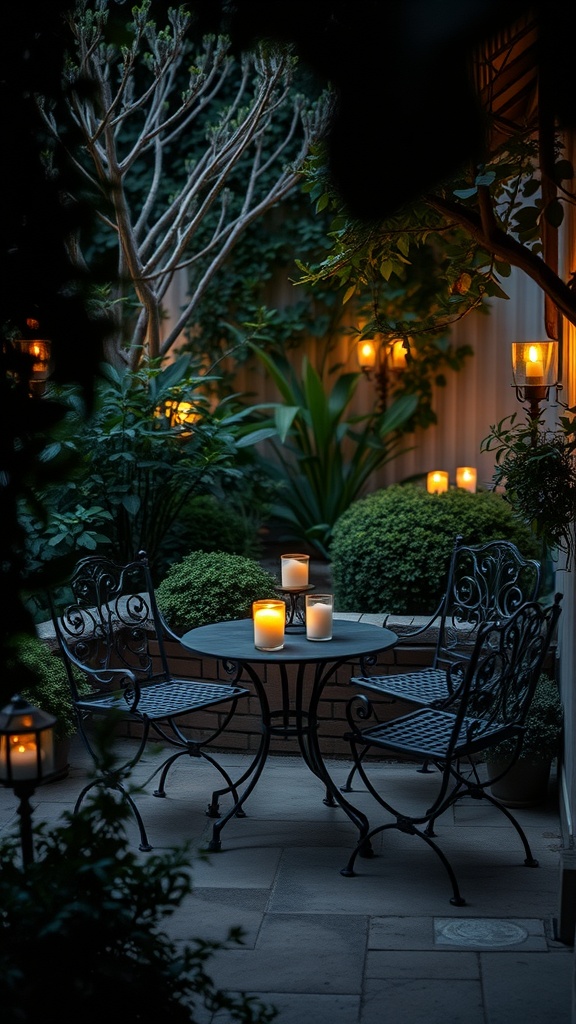 A gothic garden seating area with a round table and wrought iron chairs, surrounded by greenery and candles.