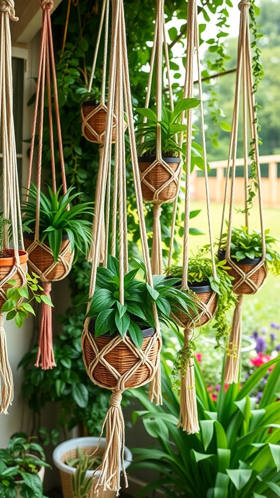 Hanging macramé planters with various green plants