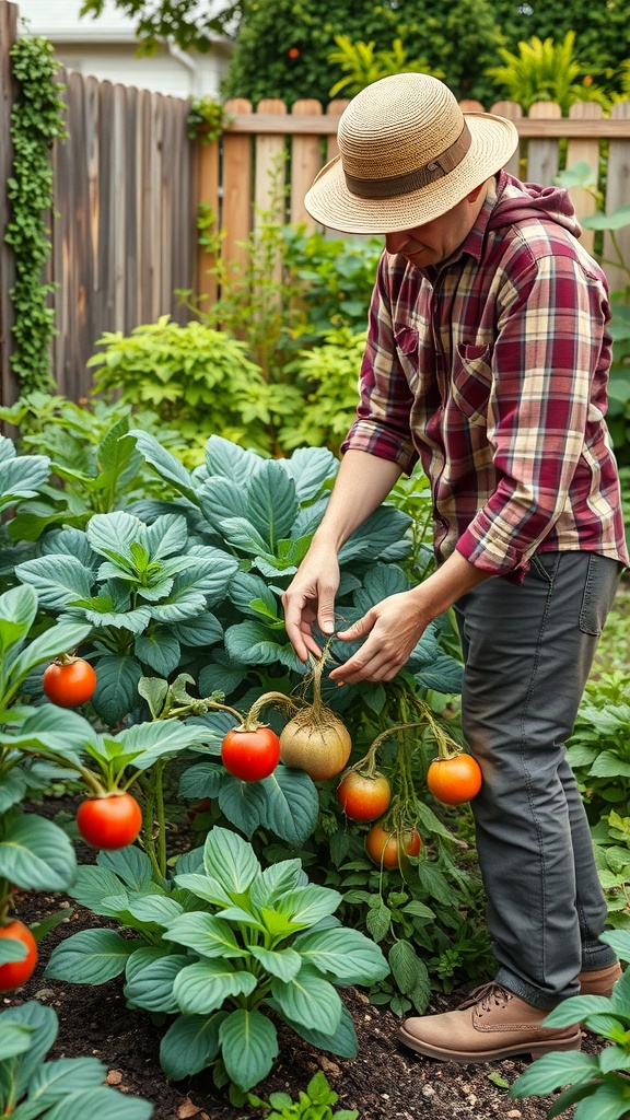 A gardener harvesting tomatoes and a pumpkin in a backyard vegetable garden.