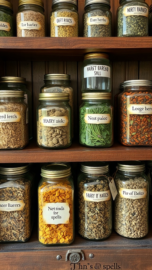 A collection of labeled jars filled with various herbs and spices for herbal spell jars.
