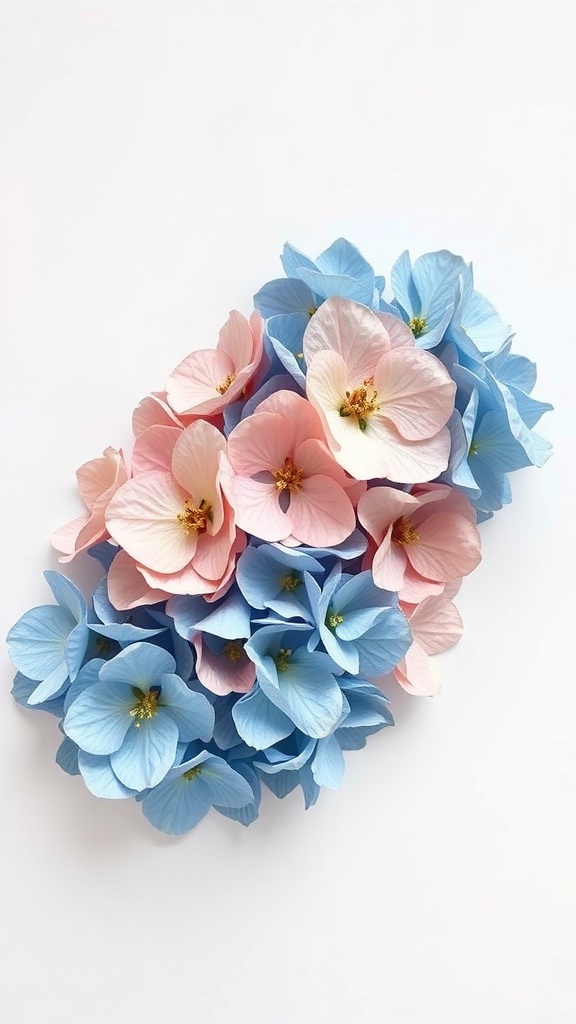 A beautiful arrangement of pink and blue hydrangea flowers