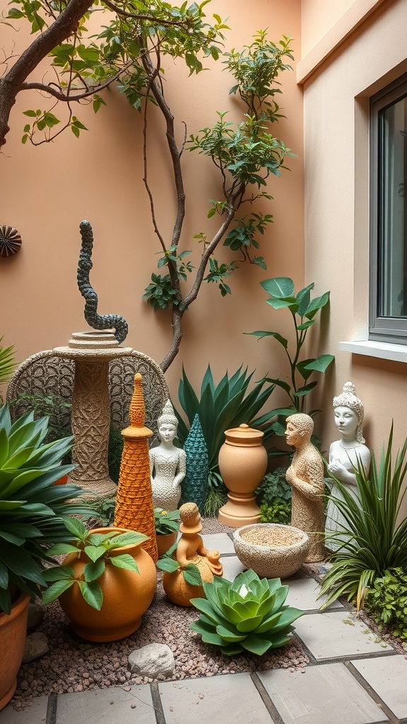 A small courtyard garden featuring various sculptures, planters, and lush greenery.