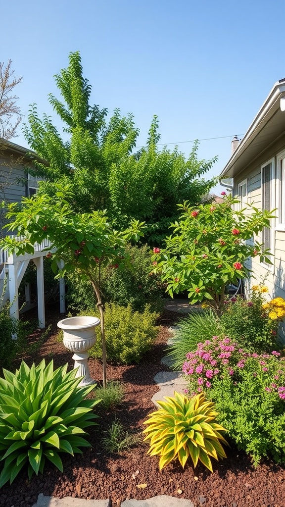 A lush side yard with trees, colorful flowers, and a decorative planter.