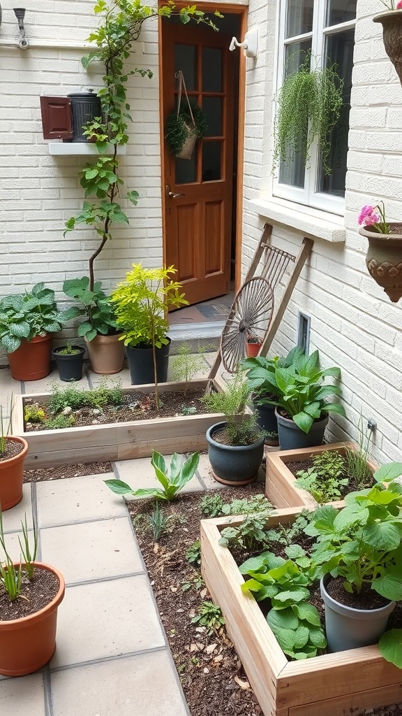 A small courtyard garden with raised beds and potted plants, showcasing various edible plants.