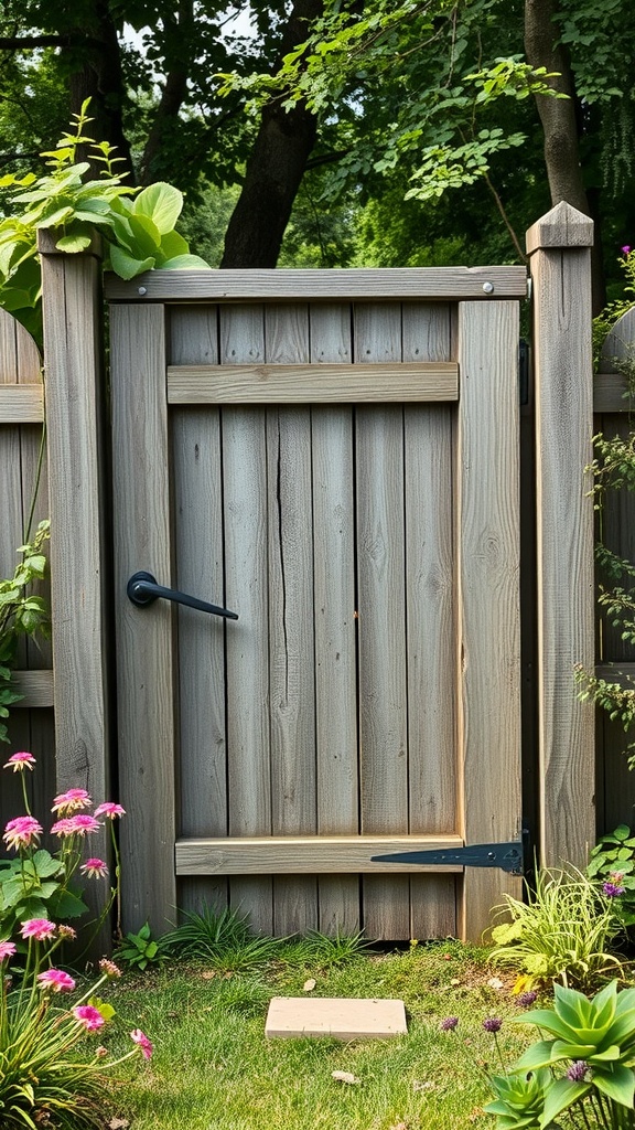 A rustic wooden garden gate surrounded by flowers and greenery.
