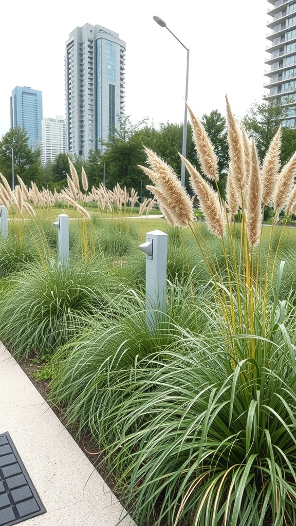 Urban landscape featuring ornamental grasses with modern buildings in the background.