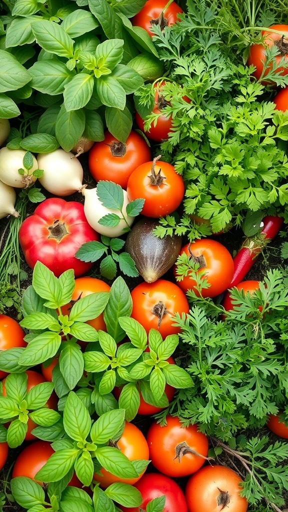 A vibrant vegetable garden featuring tomatoes, peppers, and fresh herbs like basil and cilantro.