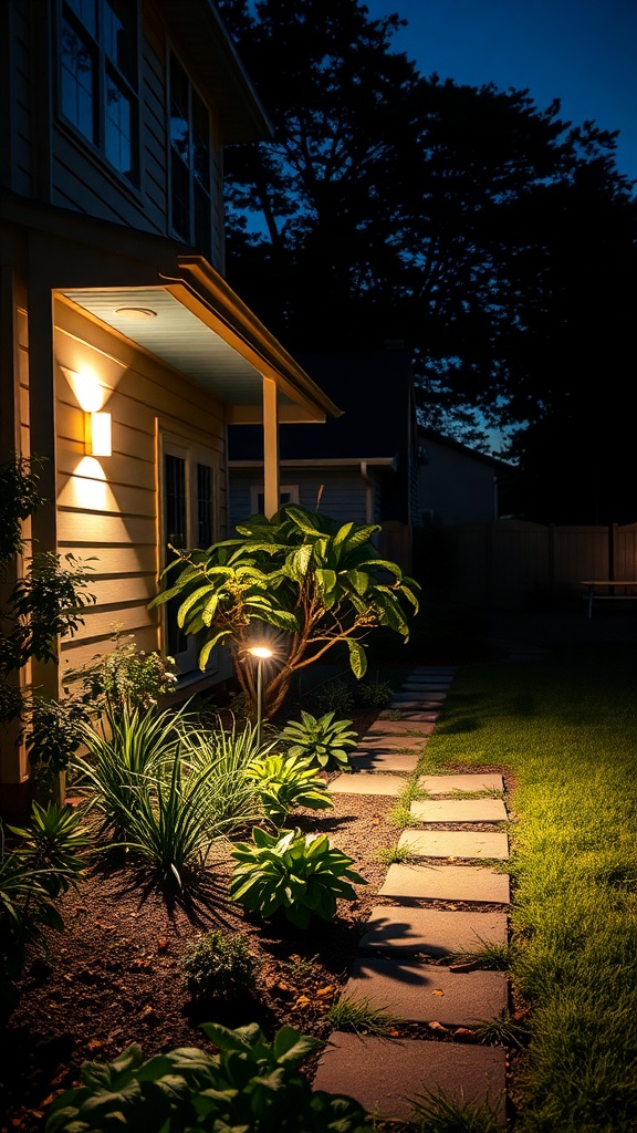 A well-lit side yard with plants and a stone pathway at night.