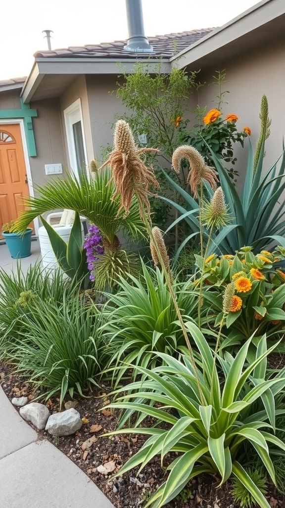 A side yard with various native plants, including tall feathery plants and colorful flowers, enhancing the house's appearance.