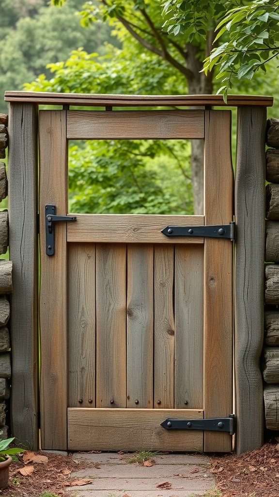 A rustic wooden garden gate with a log fence and greenery in the background.