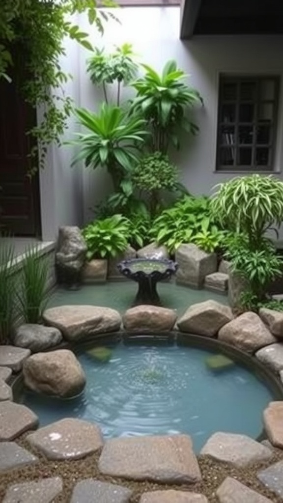 A small courtyard garden featuring a water feature surrounded by lush plants and stones.