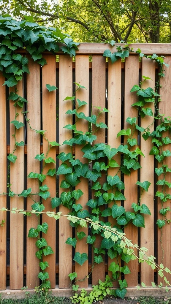 A wooden privacy fence with climbing vines growing on it, surrounded by greenery.