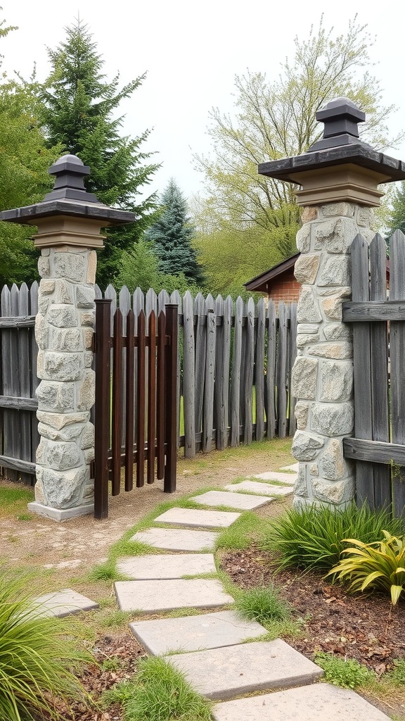 A rustic garden fence featuring stone pillars and a wooden gate, with a stone pathway and greenery.