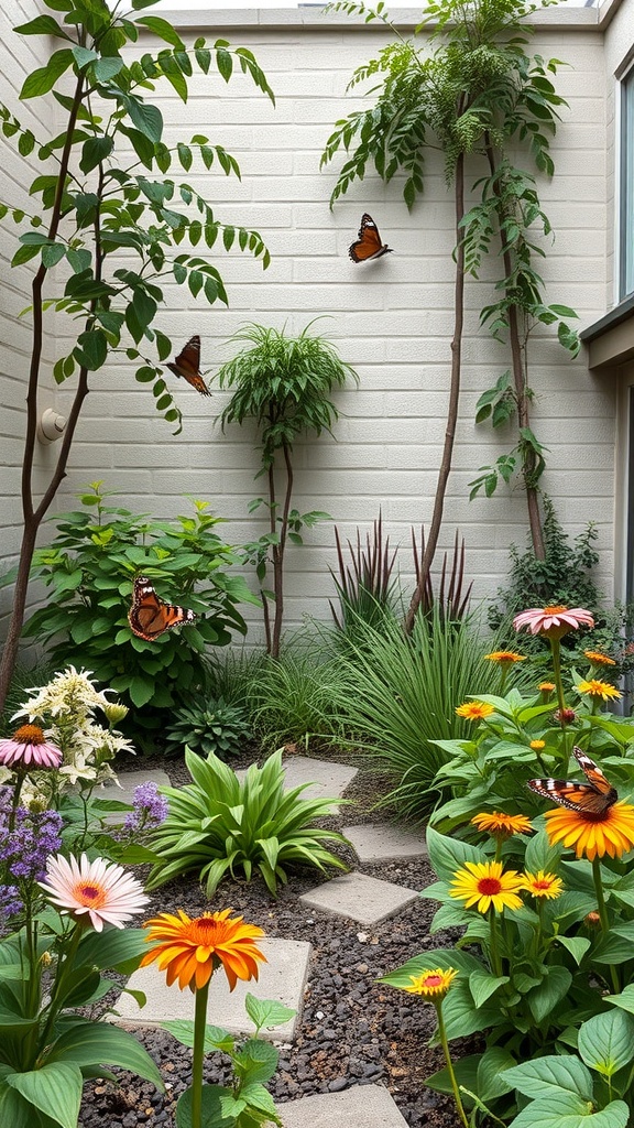 A small courtyard garden with colorful flowers and butterflies, showcasing wildlife-friendly features.