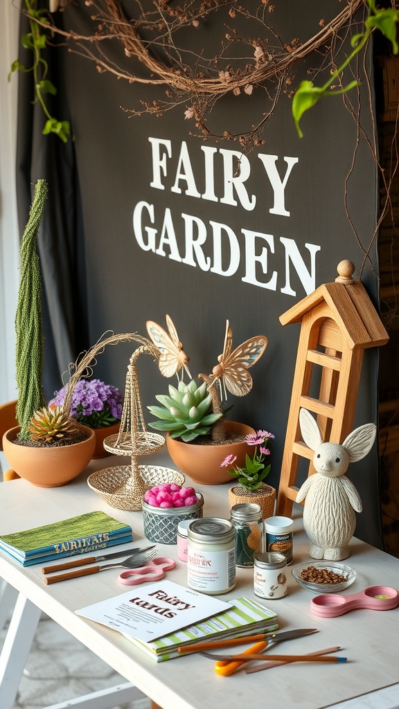 A craft station for a fairy garden theme party with supplies like plants, decorations, and tools.