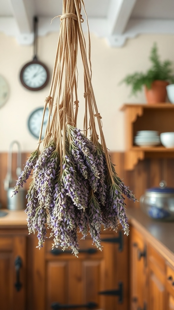 A bunch of dried lavender hanging in a kitchen