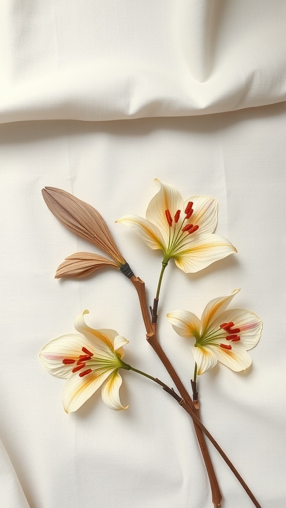 A close-up of dried lilies on a light fabric background.