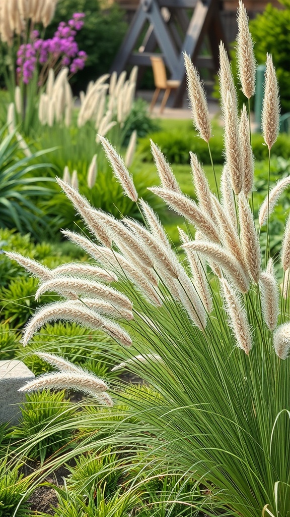 A landscape featuring ornamental grasses, particularly pampas grass, with feathery plumes and lush green foliage.