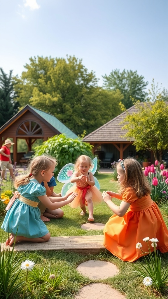 Children in colorful outfits playing in a fairy garden, surrounded by flowers and greenery.