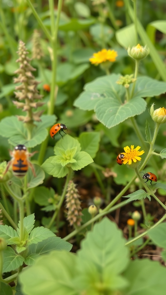 A close-up of a backyard vegetable garden with ladybugs and flowers