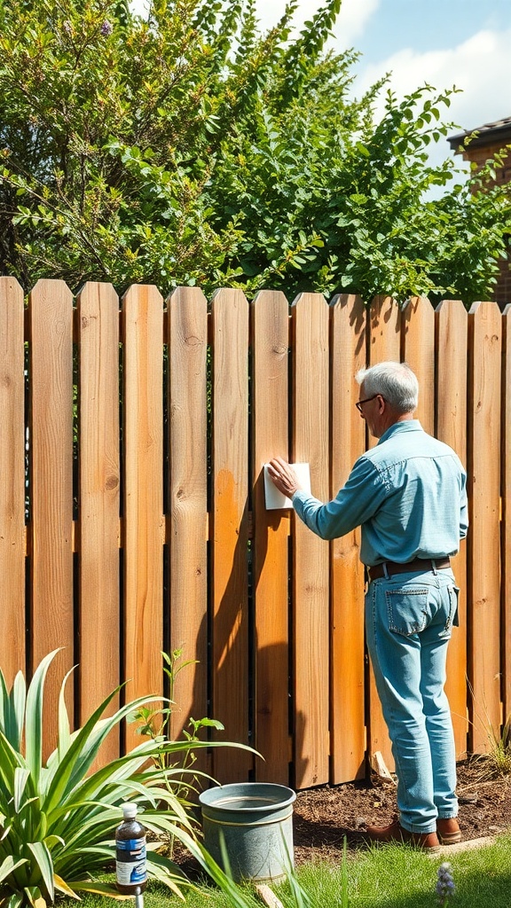 A person maintaining a rustic wooden fence in a garden setting.