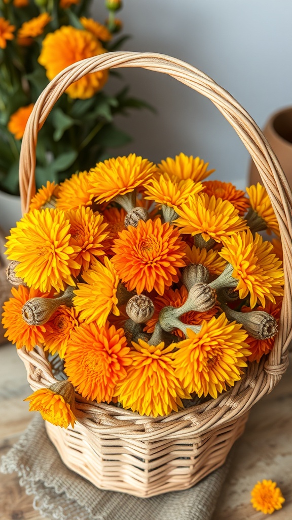 A basket filled with bright orange marigolds, showcasing their vibrant colors and hardy nature.