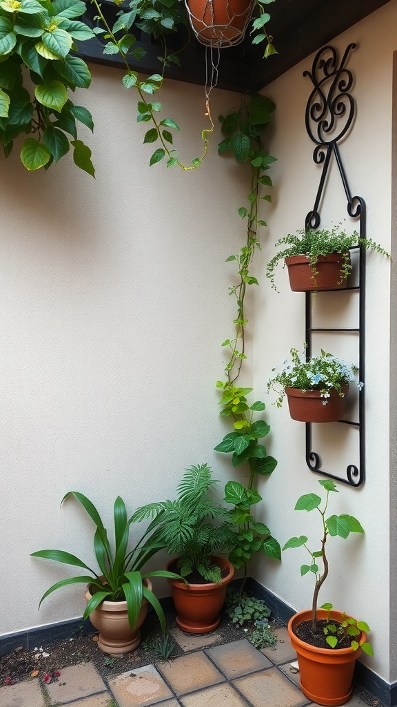 A small courtyard garden with potted plants and wall-mounted planters.