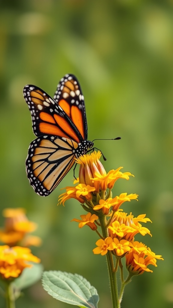 A monarch butterfly sitting on bright yellow milkweed flowers.