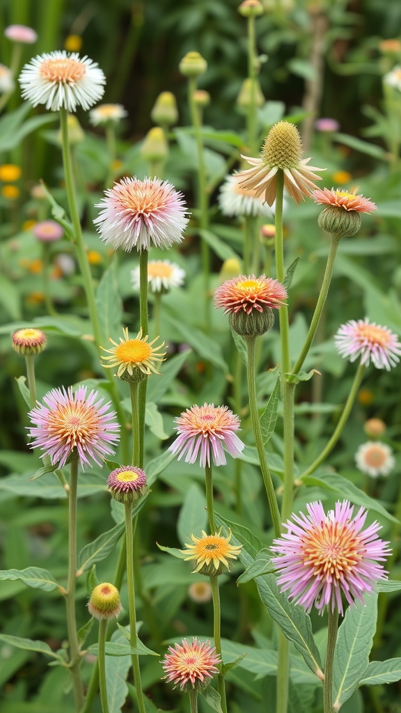 A colorful display of various milkweed flowers in a garden setting.